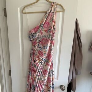 Dress Forum Floral One-Shoulder Satin Pleated Dress